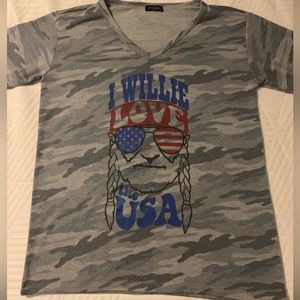Zutter Women’s Graphic Tee Blue Camo I Willie Love The USA. Size? L